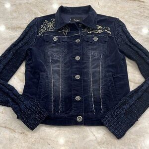 NEW Desigual Pakaian Jadi Wanita‎ Navy Corduroy Jacket Sweater Sleeves EU38 US6